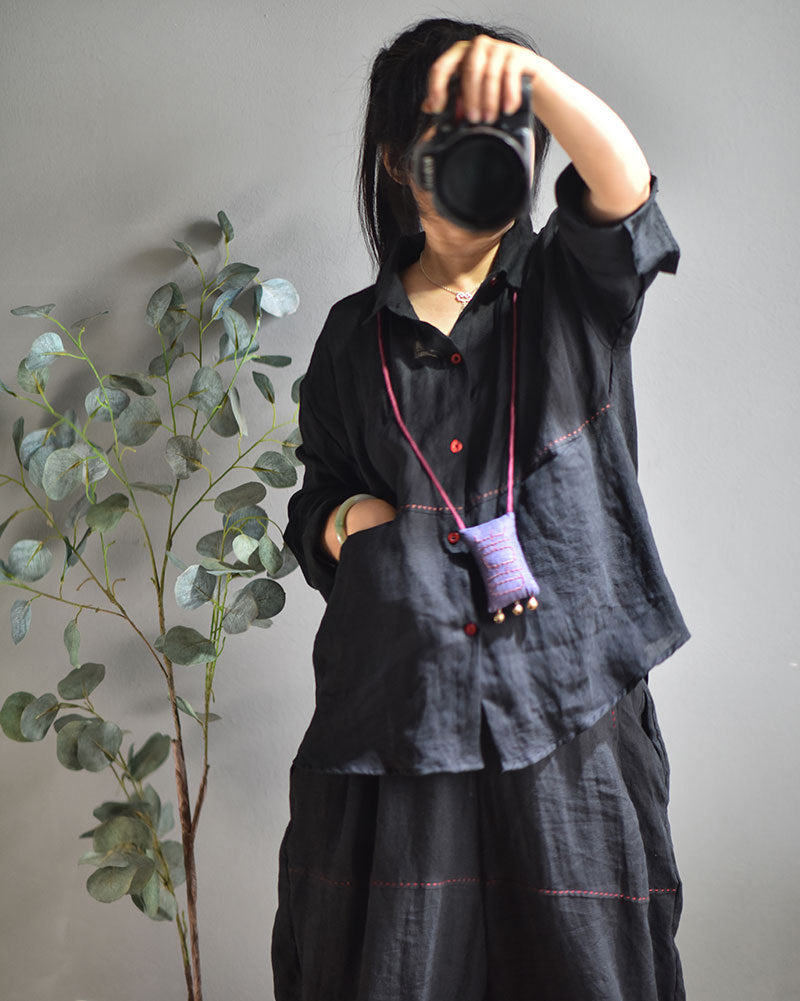 ◇1点のみスペシャルSALE◇ハンドステッチにおもしろいシームポケットがポイント◇リネン ドロップショルダー シャツ◇ブラック