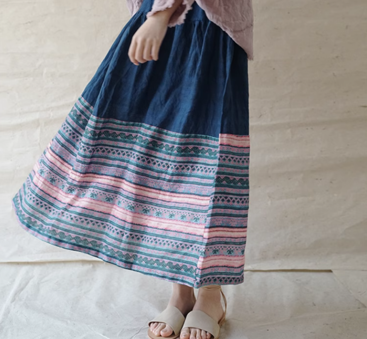 ◇民族柄の切り替えが美しい エスニック イージーギャザースカート◇