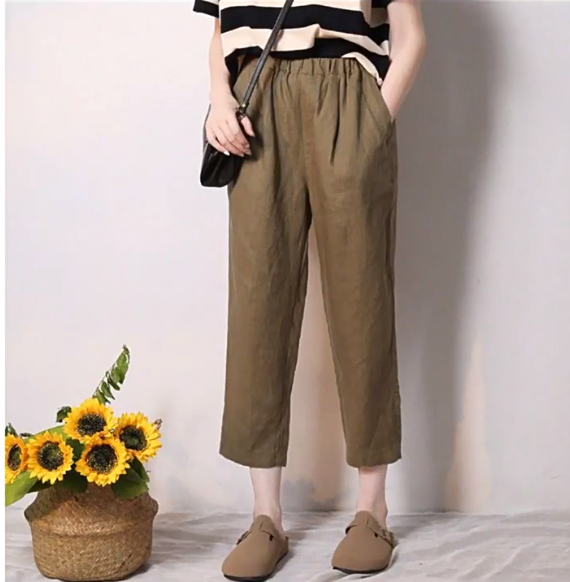 ◇6色展開◇裾ボタンで絞り可能◇100%リネン 8部丈 ワンタック イージーテーパードパンツ◇M~XL