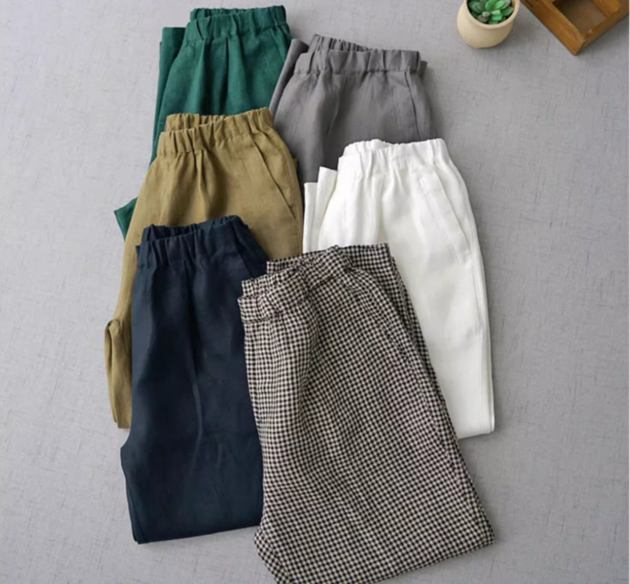 ◇6色展開◇裾ボタンで絞り可能◇100%リネン 8部丈 ワンタック イージーテーパードパンツ◇M~XL