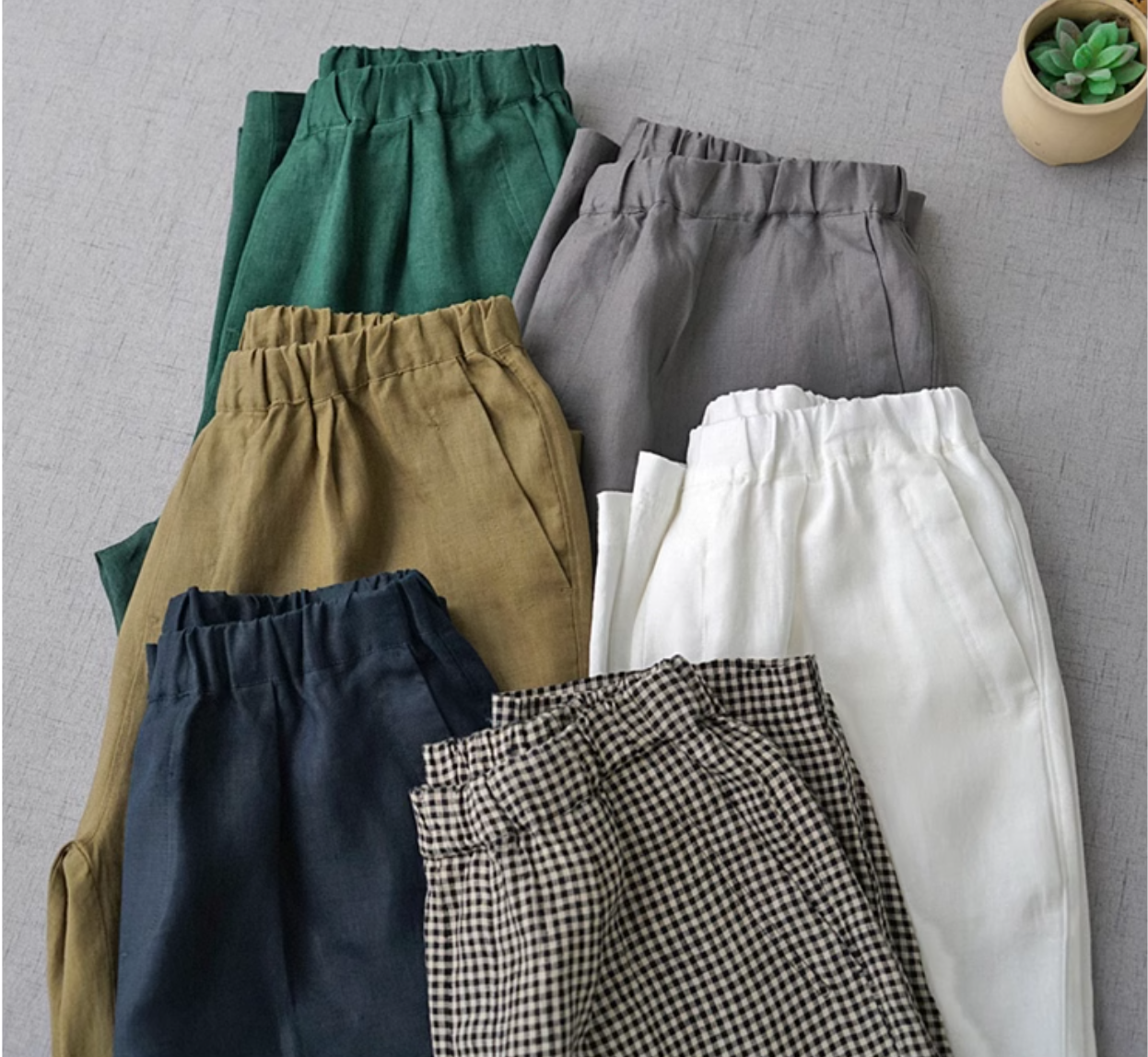 ◇6色展開◇裾ボタンで絞り可能◇100%リネン 8部丈 ワンタック イージーテーパードパンツ◇M~XL