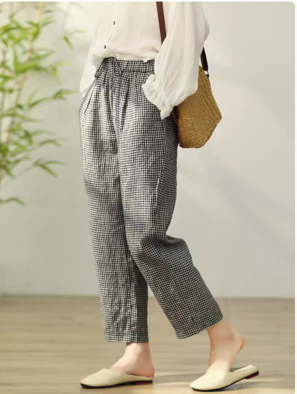 ◇6色展開◇裾ボタンで絞り可能◇100%リネン 8部丈 ワンタック イージーテーパードパンツ◇M~XL