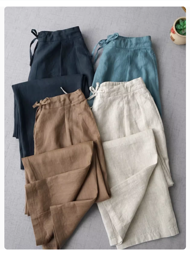 ◇4色展開◇100%リネン 8部丈 2タック イージーテーパードパンツ◇