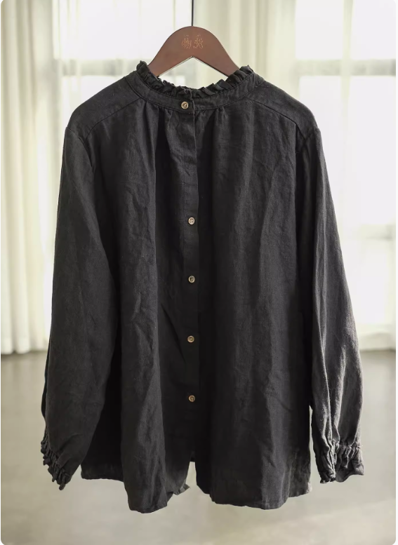 3色展開◇控えめなフリルネックが上品に◇リネン ゆったりシャツ◇
