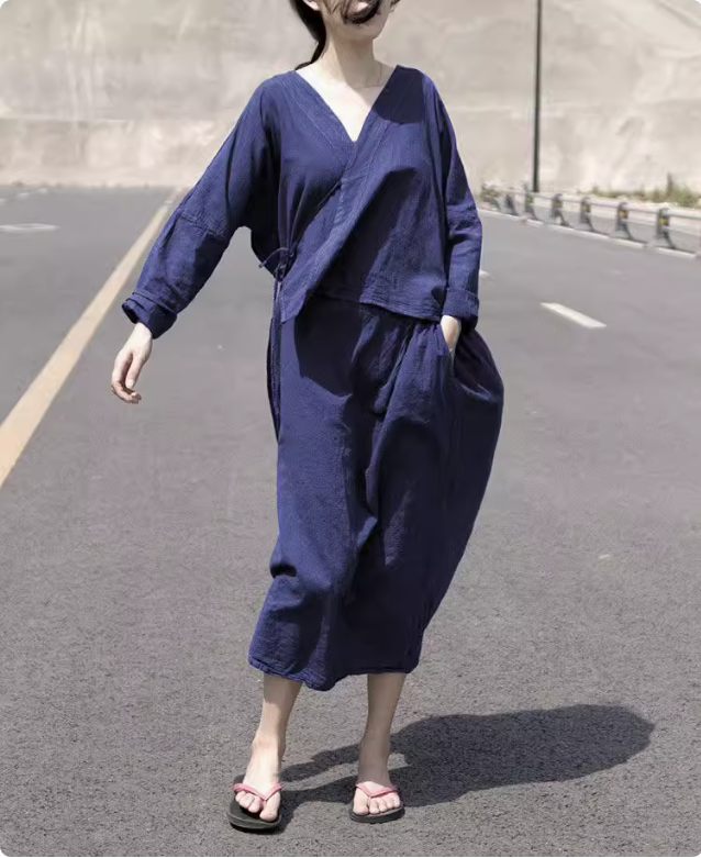 ◇リネンコットンドロップショルダーラップドレス◇