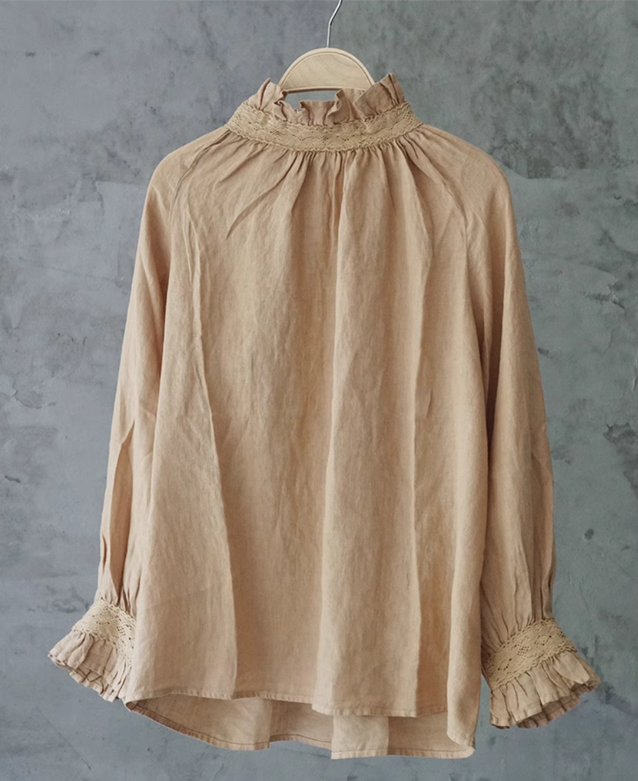 ◇3色展開◇フリルネックリネン ドロップショルダー ブラウス◇