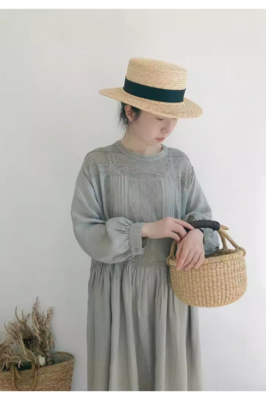 襟、胸元のレースの切り替えが美しい△リネンギャザー アンティークデザイン ロングワンピース△