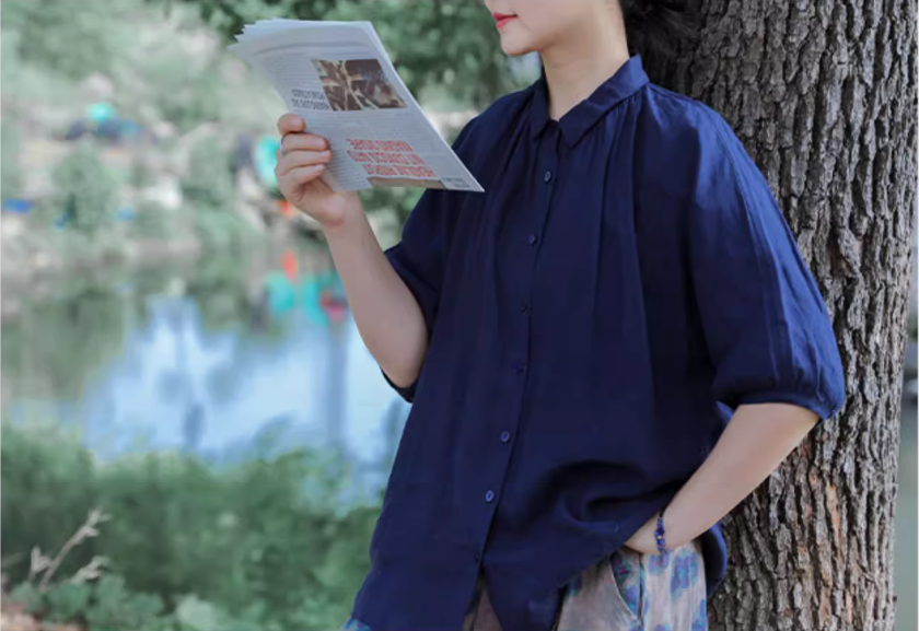 ◇小ぶりな襟が可愛い◇ゆったりシルエット リネン半袖シャツ◇