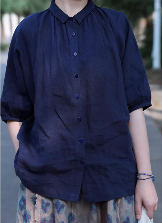 ◇小ぶりな襟が可愛い◇ゆったりシルエット リネン半袖シャツ◇
