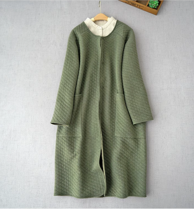 5色展開◇秋冬に大活躍◇ノーカラー ラグラン キルティングコットン中綿 ロングコート◇