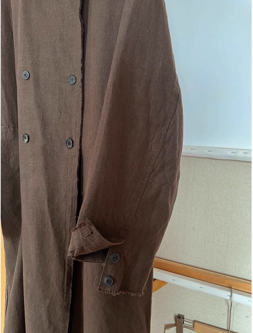 ◇切りっぱなしデザイン ドロップショルダー厚手リネンコットンコート◇