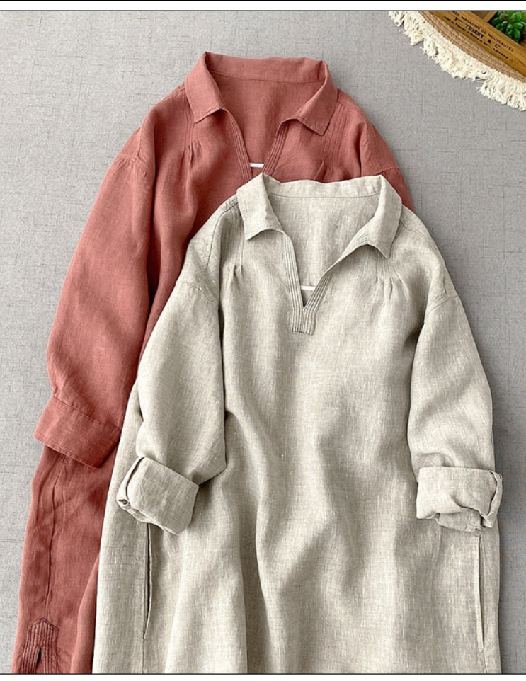 2色展開✩リネン スキッパースモック ワンピース✩