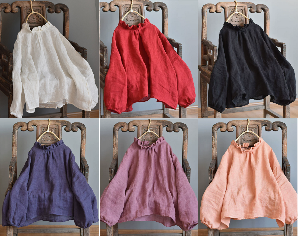 ◇6色展開◇フリルネックリネン バックボタン ブラウス◇