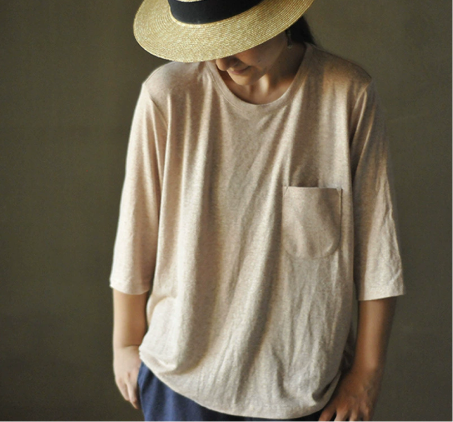 3色展開◇旅先に持っていきたい◇ヘンプコットン7部丈Tシャツ▽