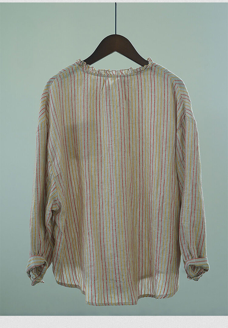 ◇カラフルなリネン織柄ストライプ ドロップショルダー フリルネックシャツ◇