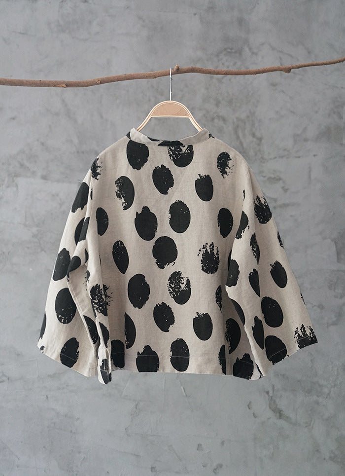 ◇ドットプリント オリエンタルデザイン リネン シャツ ブラウス ◇