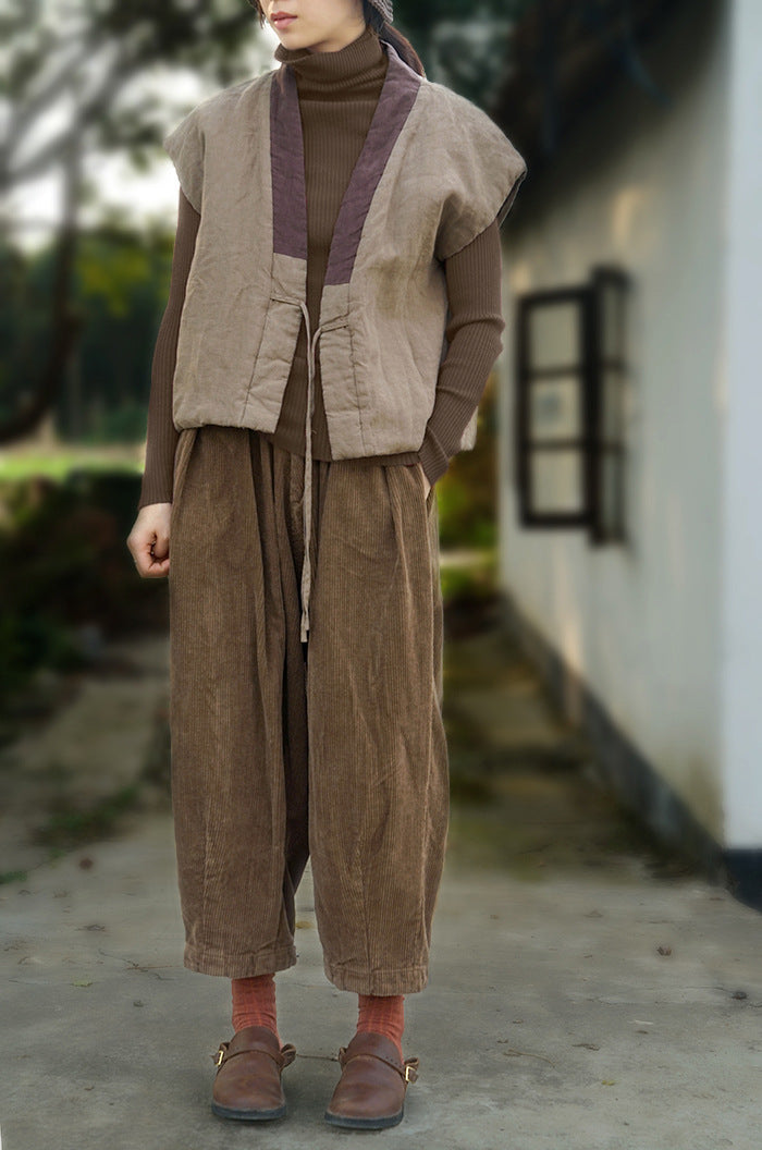 2色展開◇中綿 切り替えリネンベスト◇