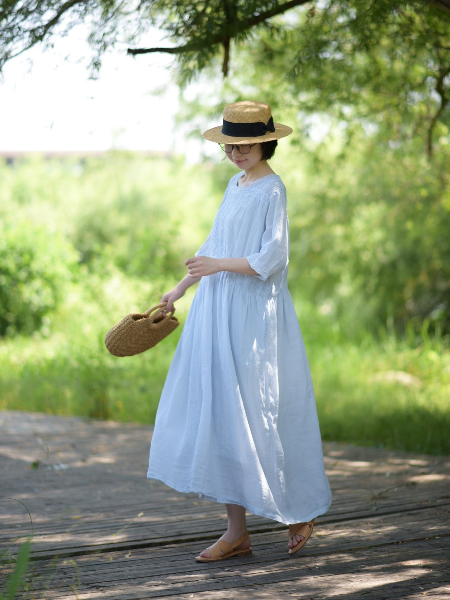 ◇レース&ピンタック ラミー ウエストギャザー スクウェアネックワンピース◇