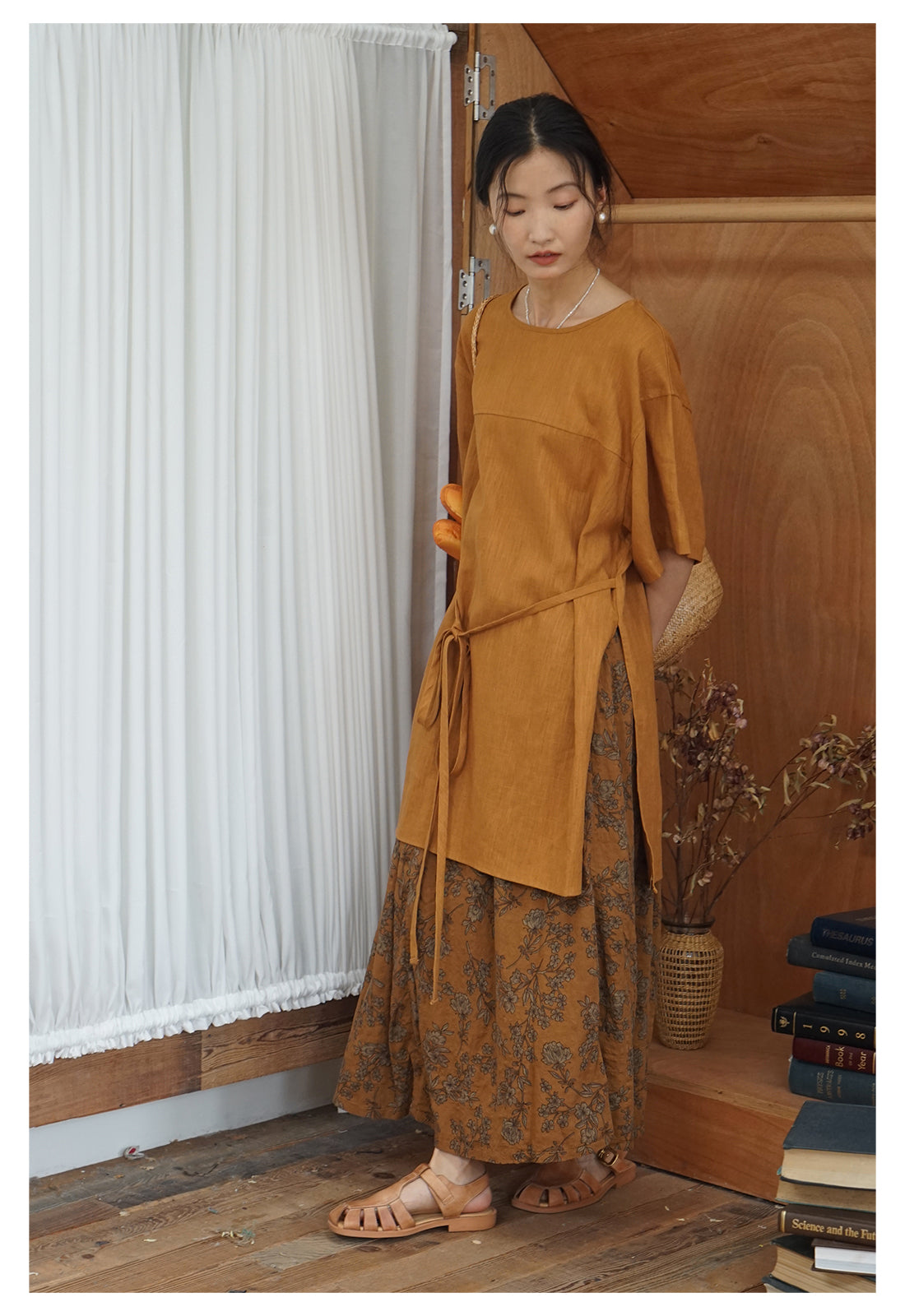 ◇ゆったりシルエット リネンコットン ワンピース◇ オレンジ