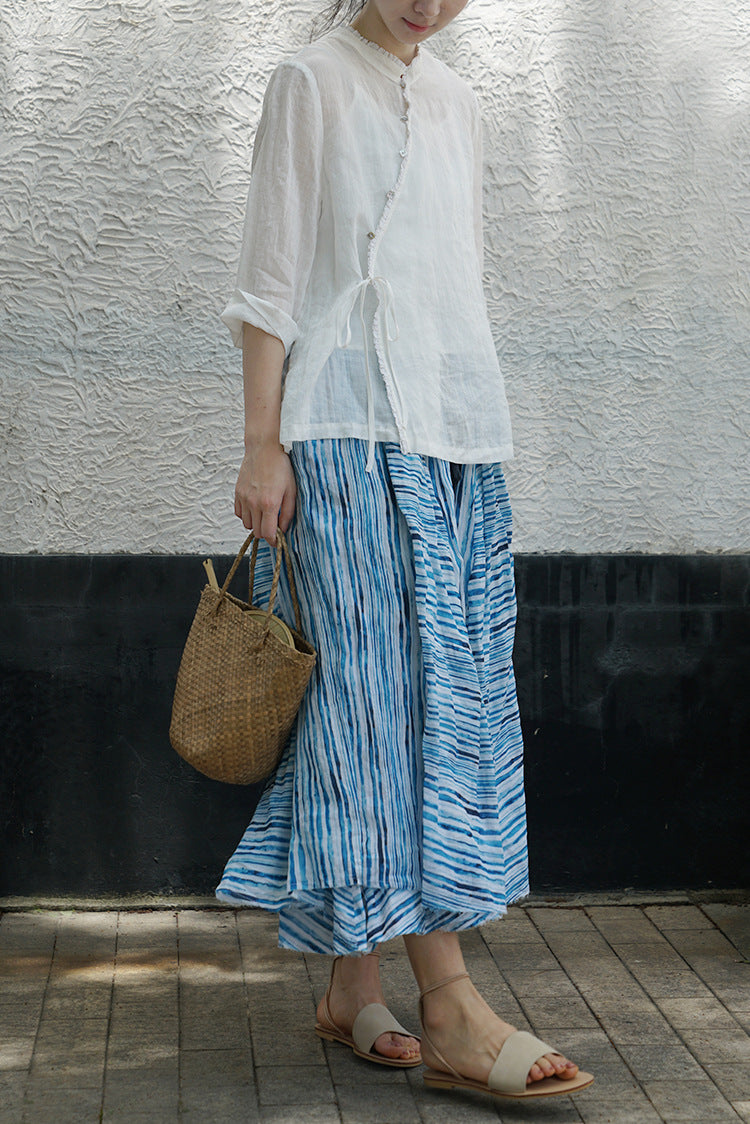 ◇控えめなフリルネックで品のあるシックなアジアンスタイル◇ラップラミーシャツ◇