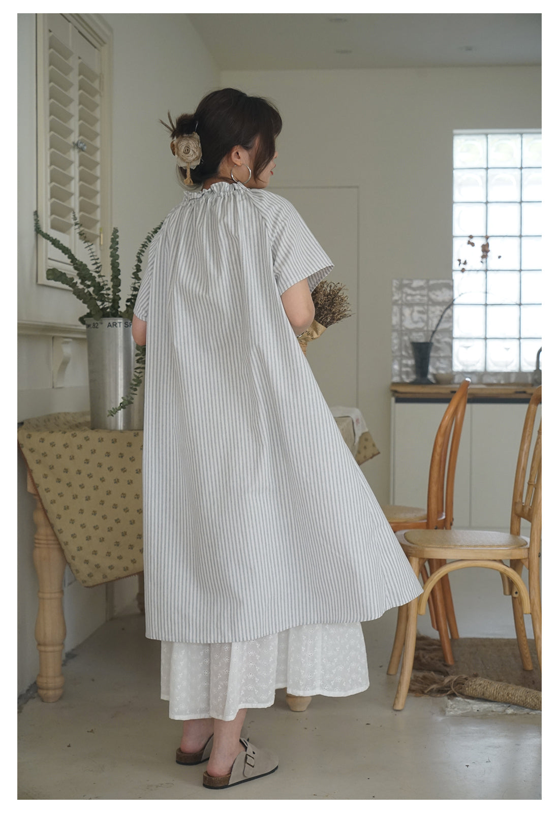 ◇ラグランスリーブゆったりシルエット前開き開き ストライプワンピース◇