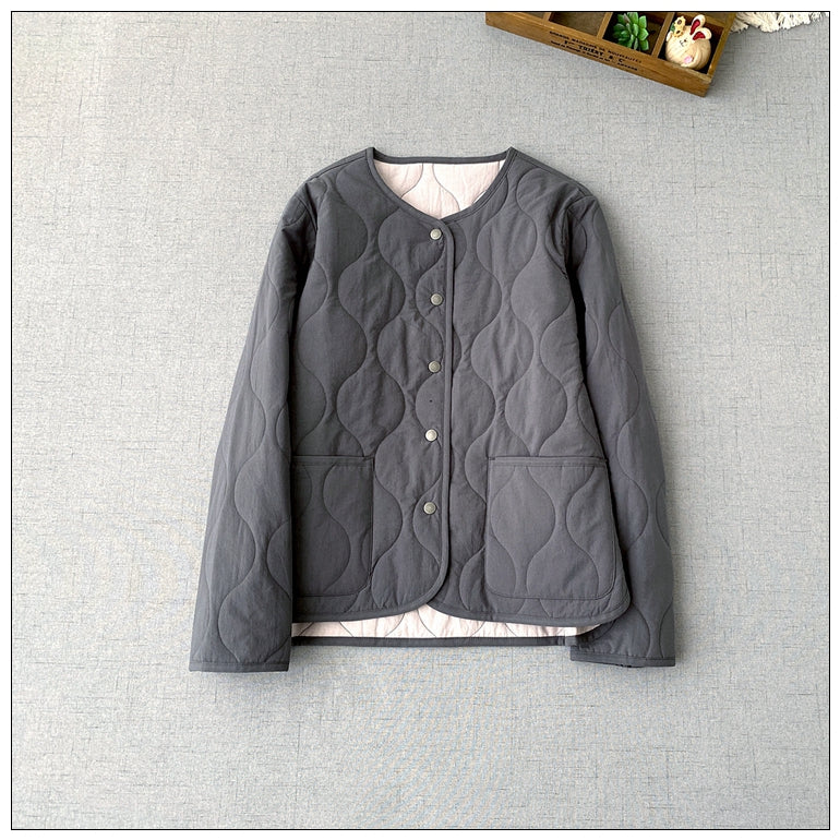 3色展開◇秋冬に大活躍◇キルティングコットン中綿 ノーカラーライナージャケット◇