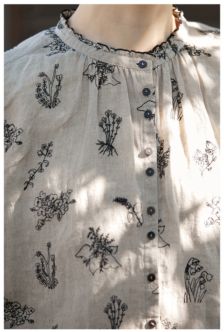 ◇リネン刺繍 ドロップショルダー フリルネックシャツ◇