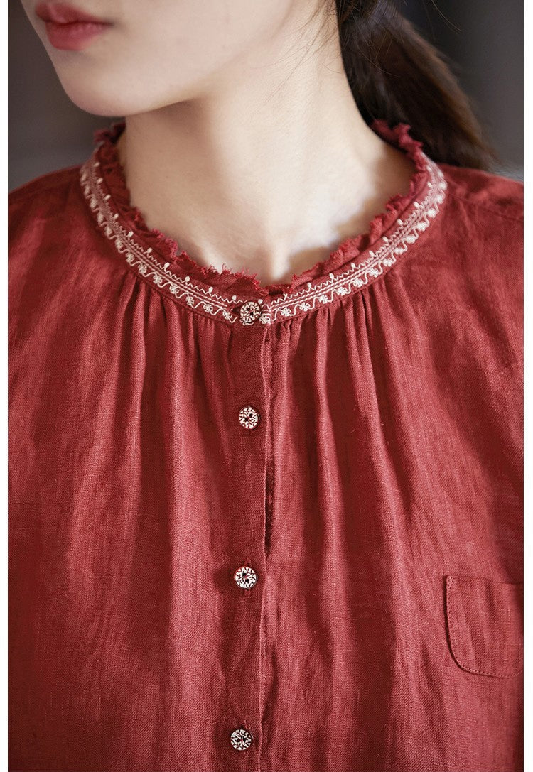 ◇刺繍リネンギャザー シャツ◇