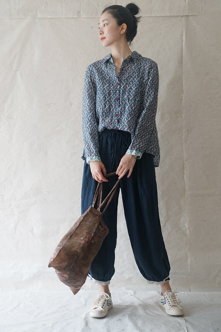 ◇品のあるエスニックプリント◇ロングスリーブ 切替プリントラミーブラウス◇