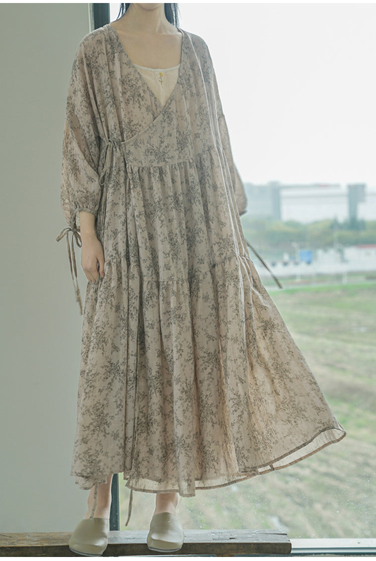 ☆花柄薄手コットン ロングスリーブ ドロップショルダー カシュクール ロングワンピース☆