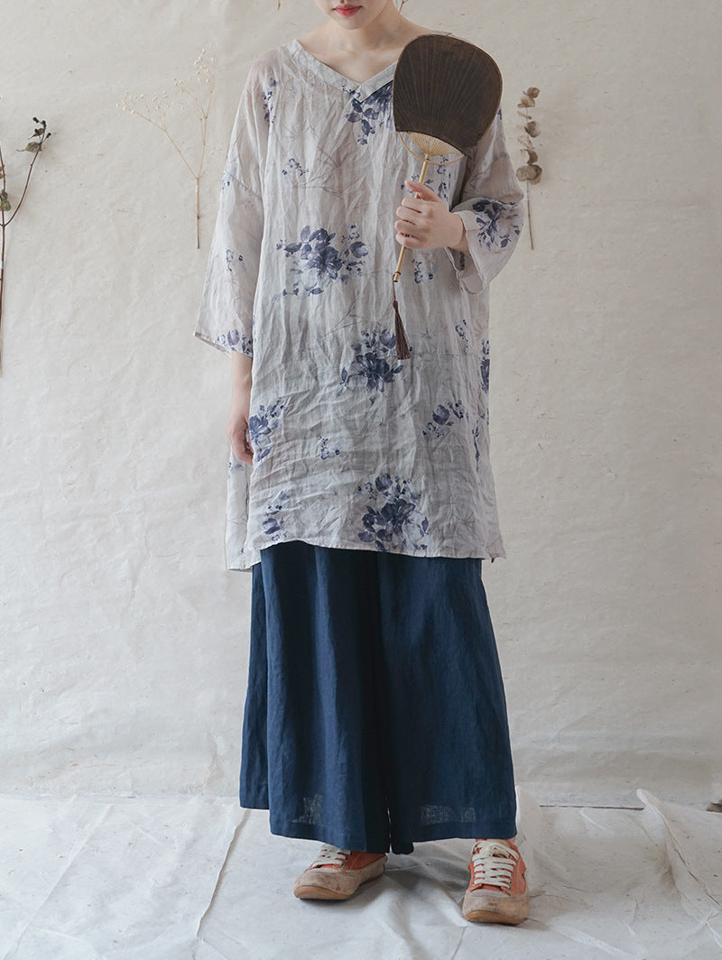 △夏らしい涼しげな花柄プリント Vネック 7部丈 ロングワンピース▽