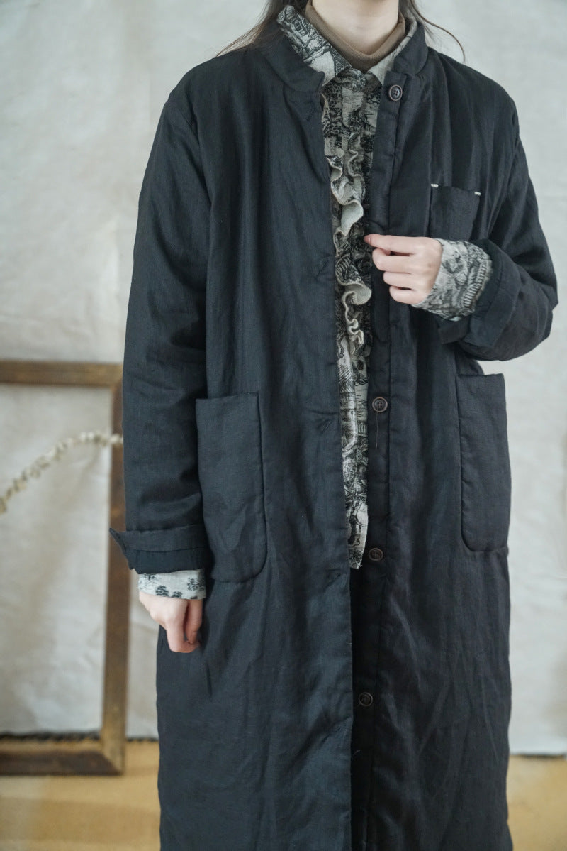 3色展開◇秋冬に大活躍◇スタンドカラー リネン中綿 ロングコート◇