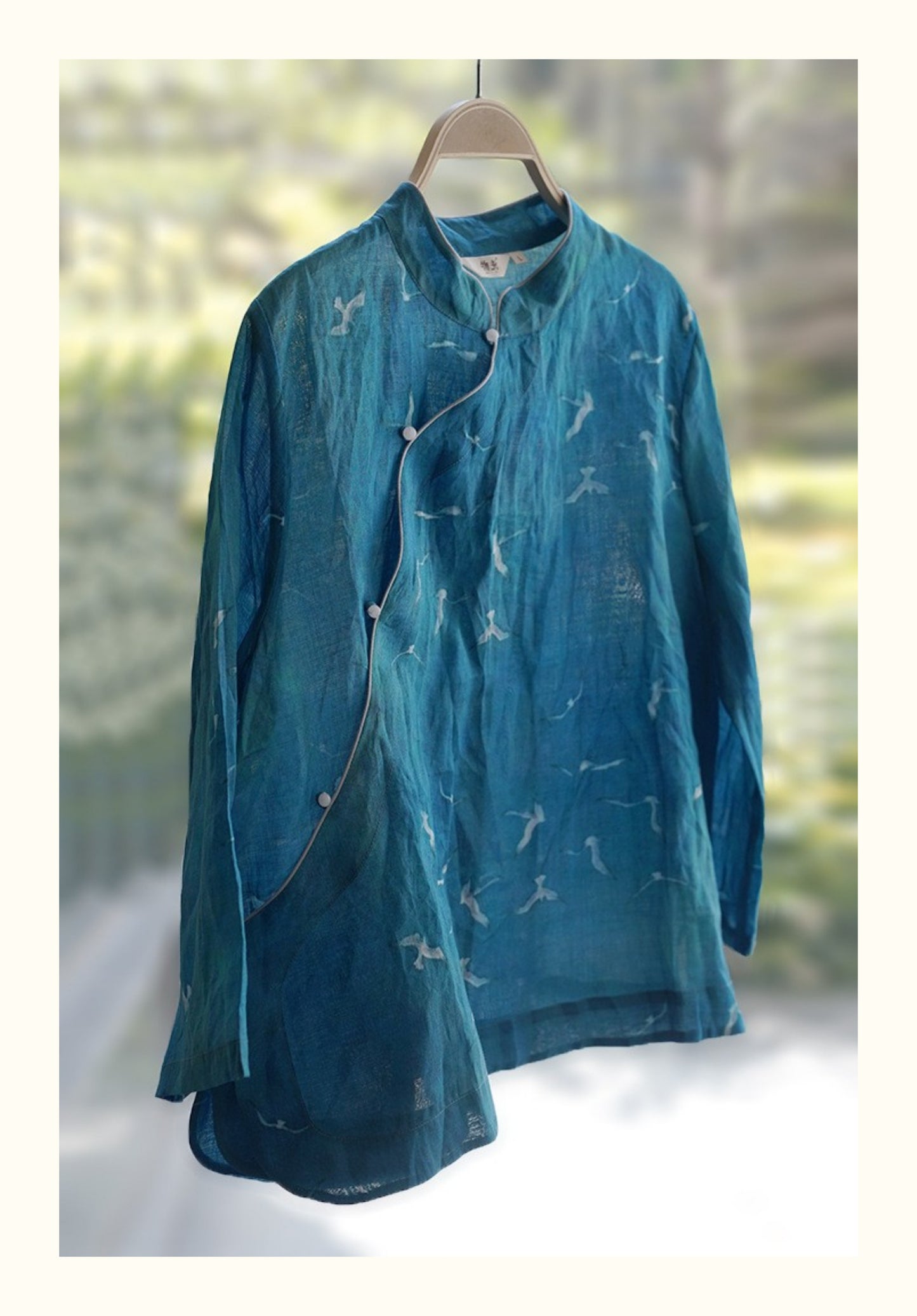 ✩綺麗な色味のプリントとオリエンタルなデザインが気分✩カモメプリント 立ち襟ラミー7部丈 ブラウス✩