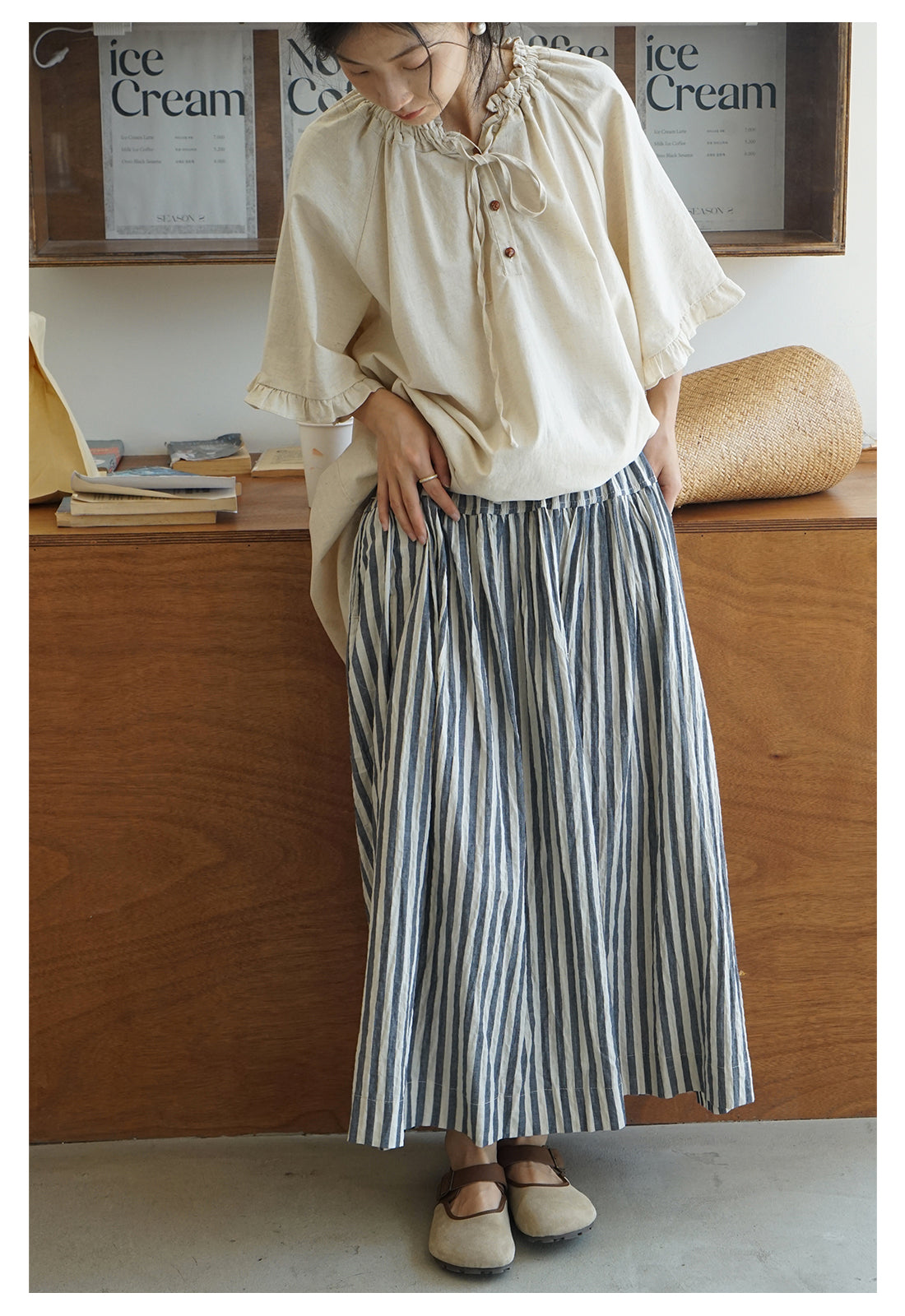 2色展開◇コットン ストライプ イージーロングスカート◇