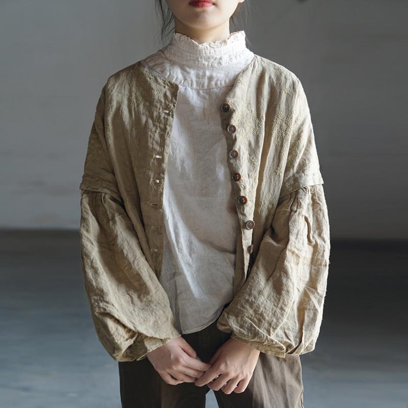 3色展開△ボタニック同色刺繍がエレガント▽リネンノーカラードロップショルダージャケット△裏地付き