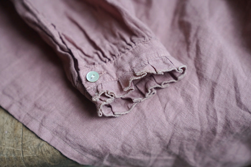 3色展開◇控えめなフリルネックが上品に◇春の色味 リネン プルオーバーシャツ◇