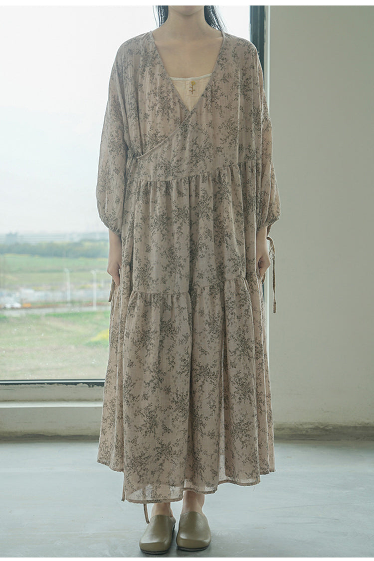 ☆花柄薄手コットン ロングスリーブ ドロップショルダー カシュクール ロングワンピース☆