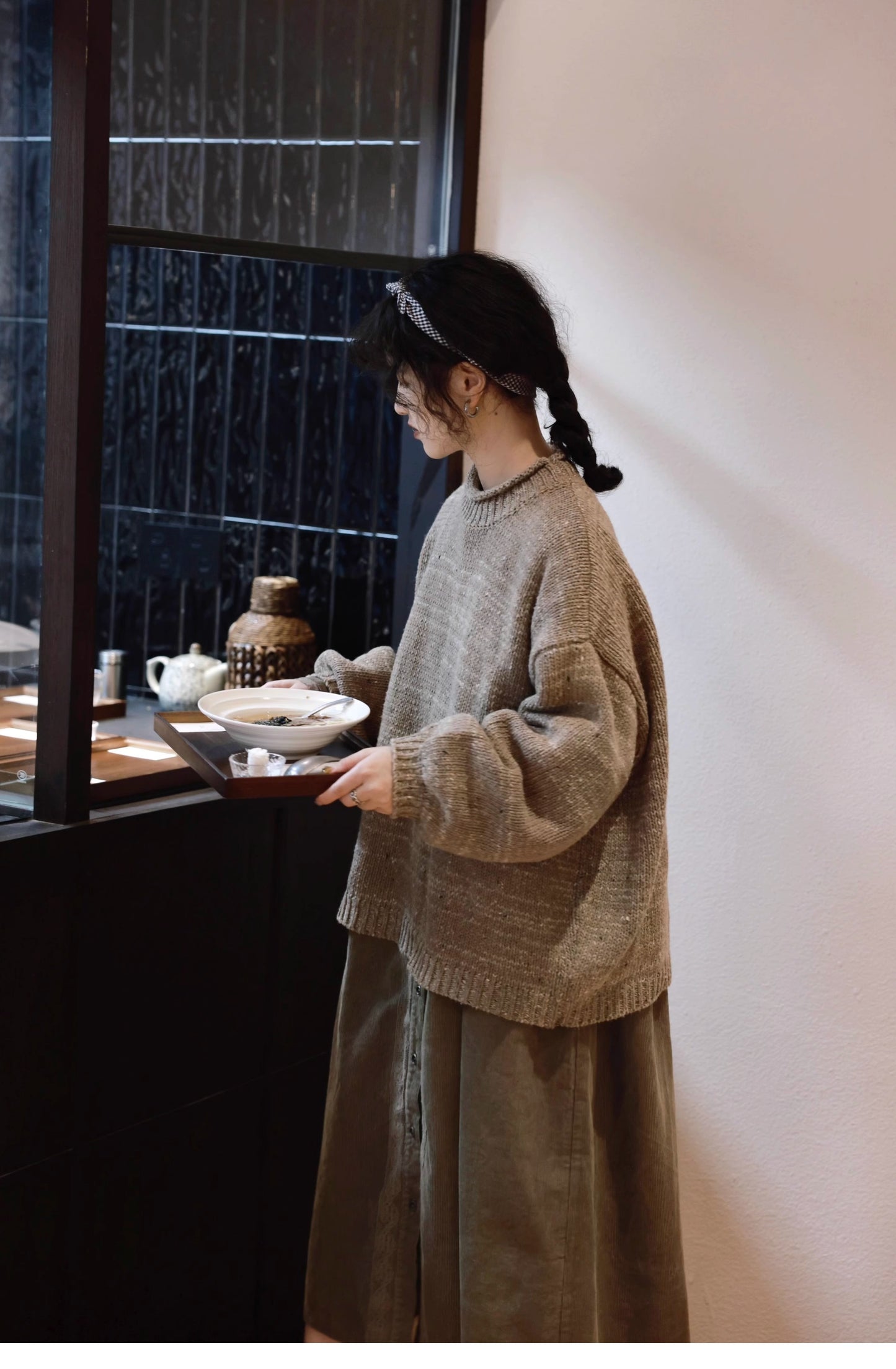 ピンタックとレースの切り替えが美しい△コーデュロイギャザー アンティークデザイン ロングワンピース△
