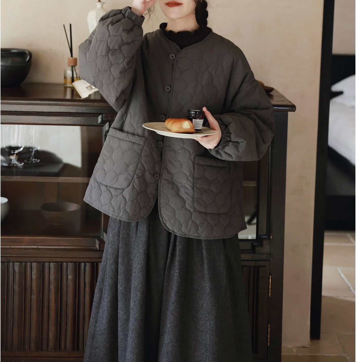 ◇秋冬に大活躍◇キルティングコットン中綿 ノーカラーライナージャケット◇
