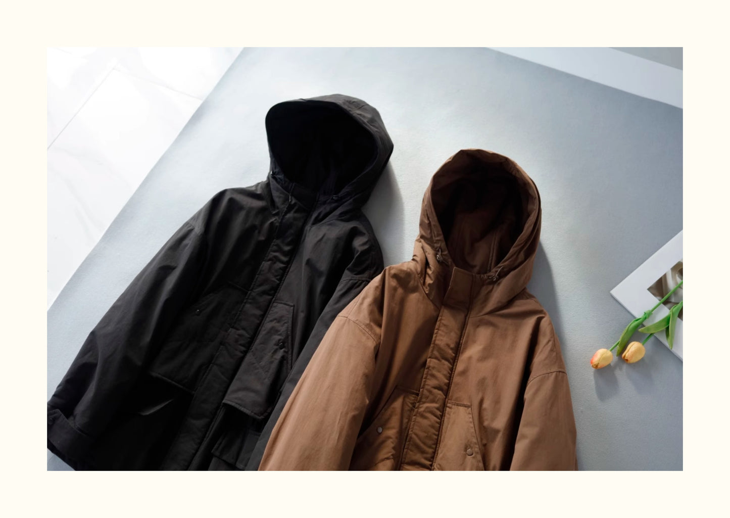 2色展開◇たっぷり中綿でばっちり防寒◇高密度コットン中綿 ドロップショルダー フーディーコート◇