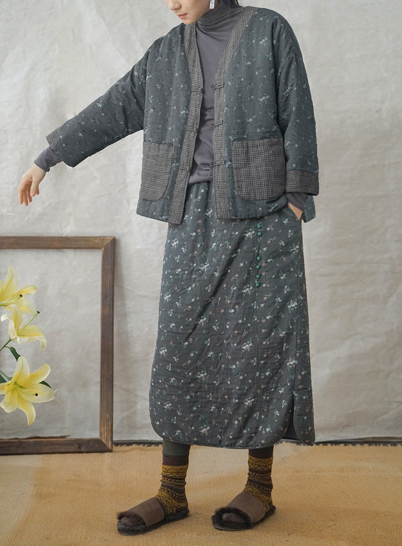 2色展開◇小花柄が可愛い◇ボタン装飾がポイントに◇秋冬用 ダブルフェイスコットン 中綿入り スカート◇