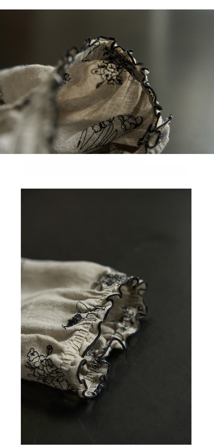 ◇リネン刺繍 ドロップショルダー フリルネックシャツ◇