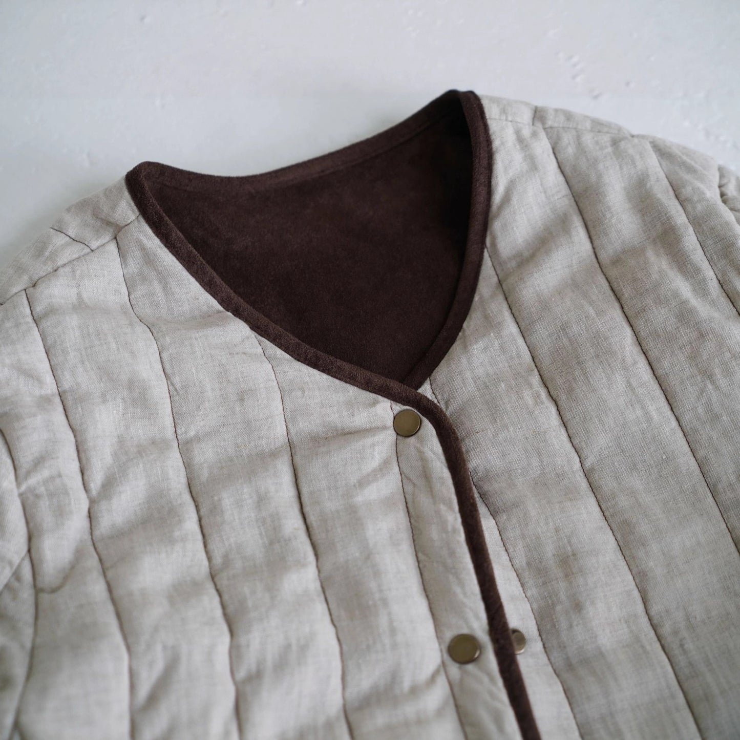 ◇軽量 暖か リネン ノーカラー スナップボタンジャケット◇