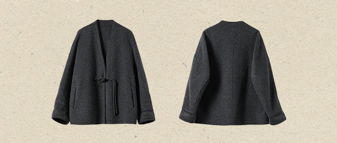 △ストリングス使いの1つボタンが可愛い△ウール100% ノーカラー ゆったりジャケット△マフラー付き