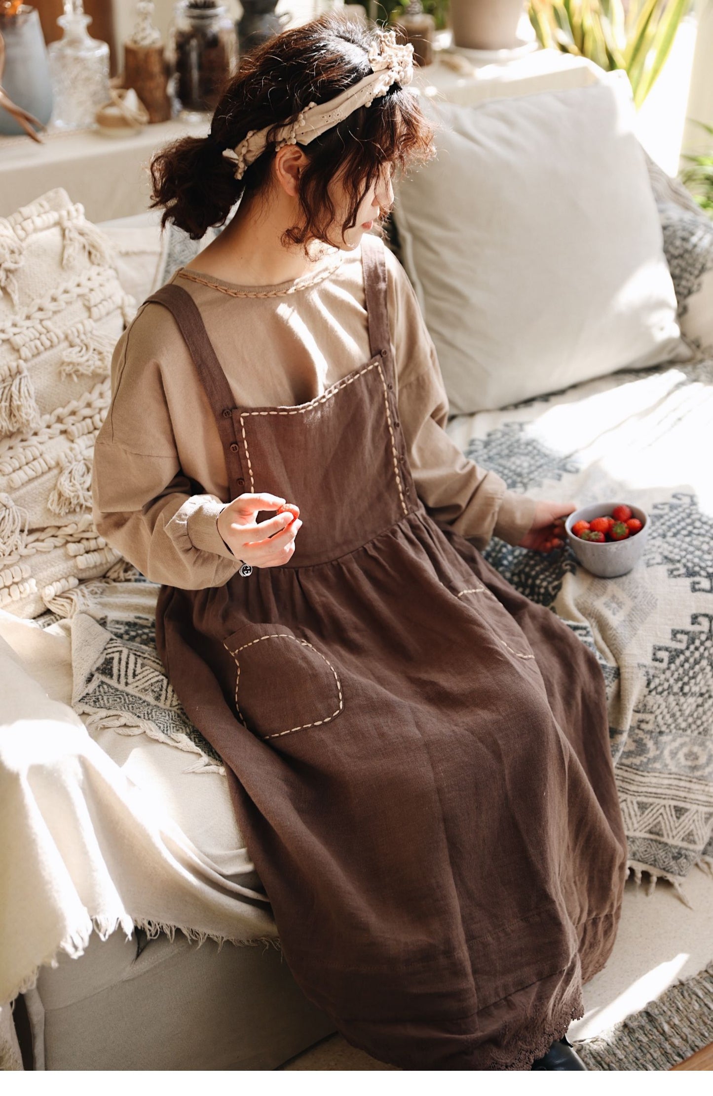 ◇ハンドステッチ&レース装飾 リネン エプロン◇
