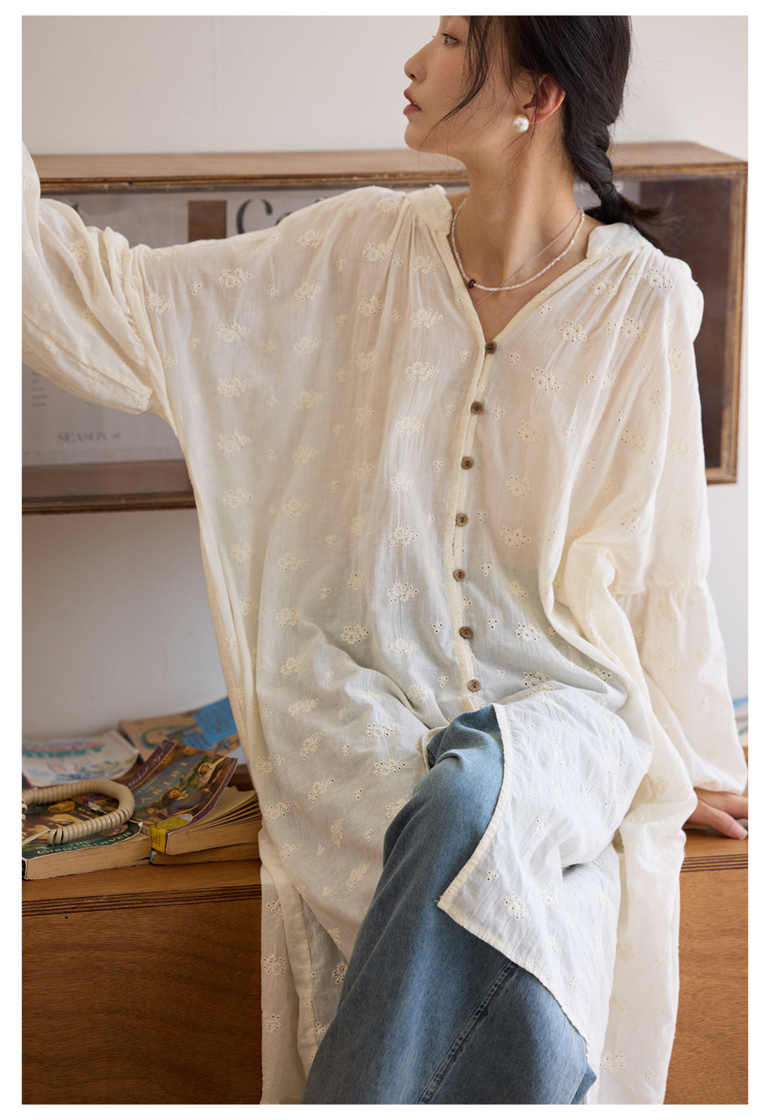 ◇アンティークフレンチ調刺繍ゆったりシルエット ドロップショルダー前開き開き ワンピース◇
