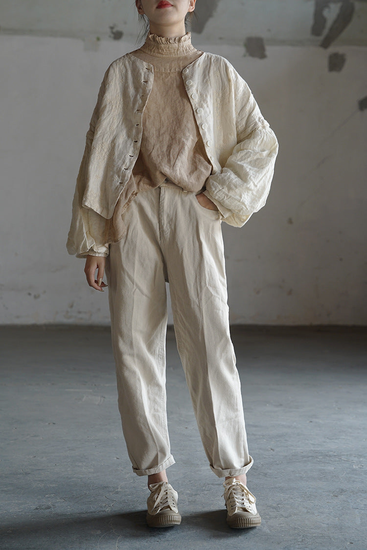 3色展開△ボタニック同色刺繍がエレガント▽リネンノーカラードロップショルダージャケット△裏地付き