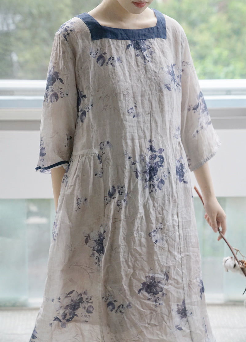 △夏らしい涼しげな花柄プリント スクエアネックが上品 ハーフスリーブ ロングワンピース▽