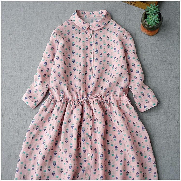 淡いピンクカラーにボタニックプリントが可愛い◇ラミー7部丈 ロングワンピース◇