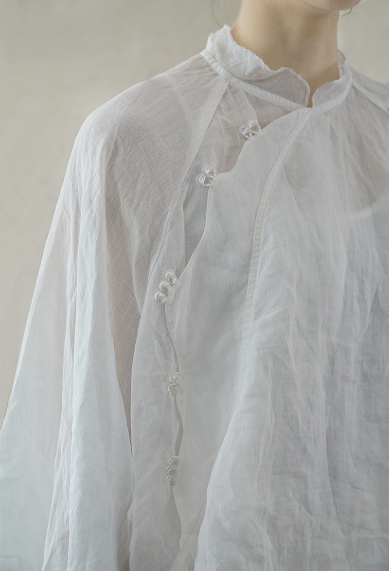 ◇フェアリーテイル ビーズボタン スタンドカラー ラミーブラウス◇